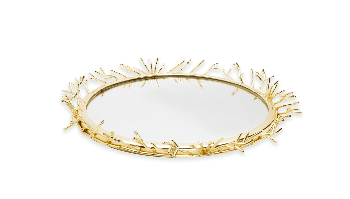 Decorative Round Mirror Tray with Gold Design Border- Large